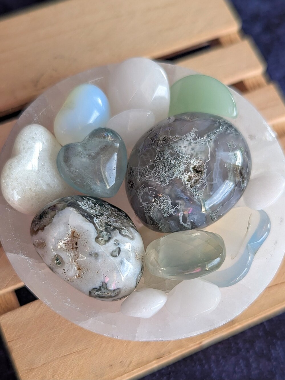 💚 Moss Agate 🩵 green Fluorite & Aventurine Opalite Jade Prehnite Crystal Bowl